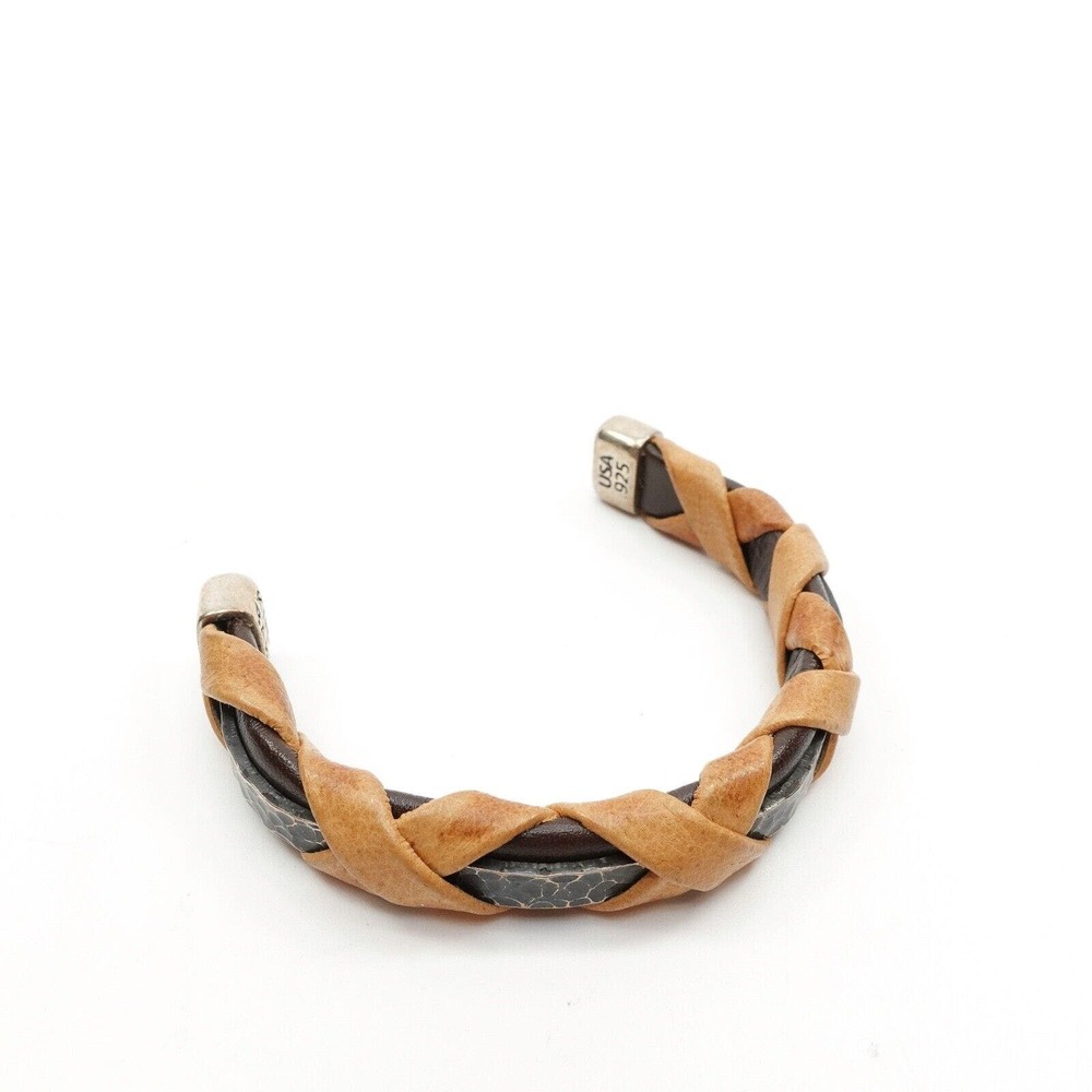 King Baby Natural Leather Braided Cuff With Hammered Texture Silver .925 7.5